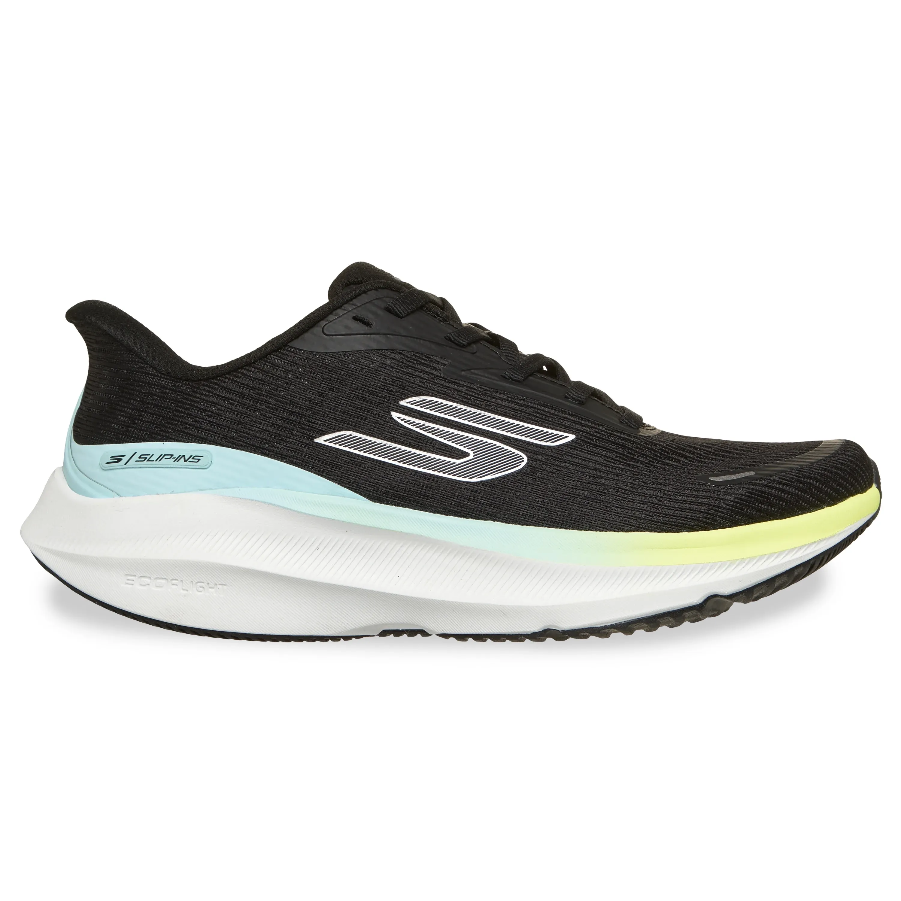 Tênis Running Skechers Skx Aero Pulse Feminino Preto com design respirável e solado branco com detalhes em amarelo e azul